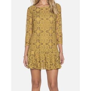 Free People Womens 2 Mustard Lace Walking To The Sun Boho Mini Dress Festival